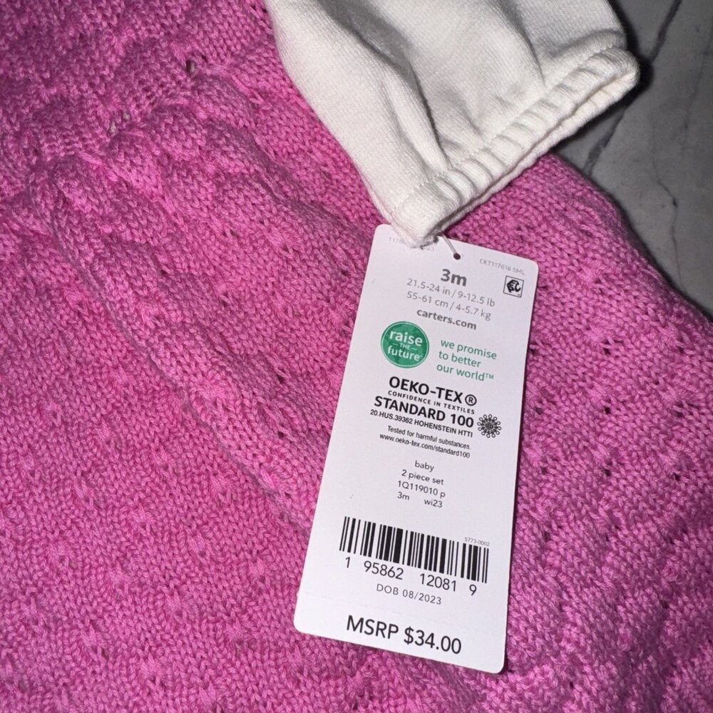 Carter’s Baby Girls Knit Jumper Dress Long Sleeve Pink White NEW - Picture 2 of 4